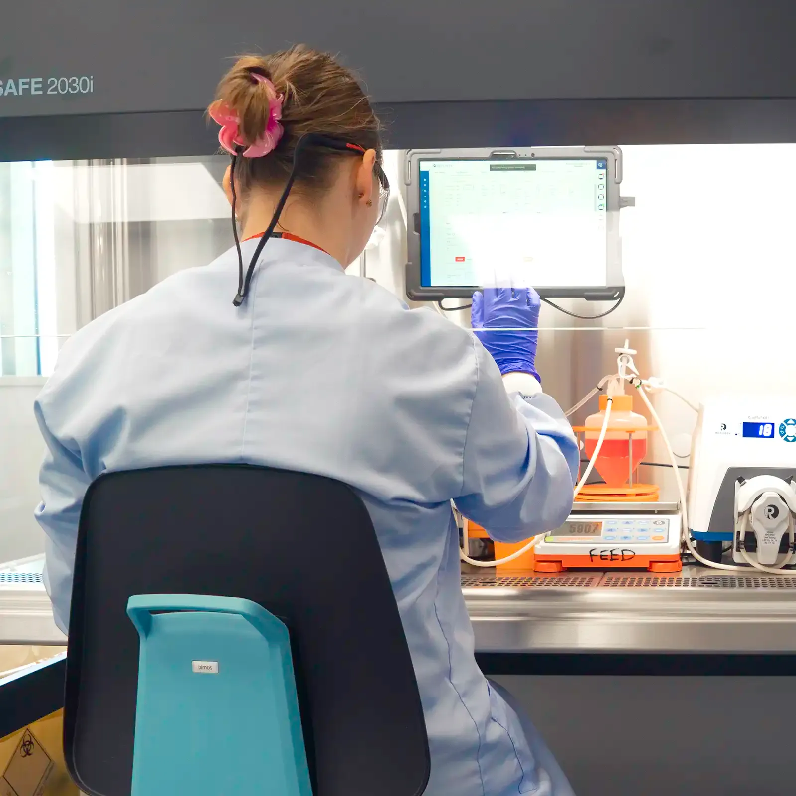 GTVF Laboratory Scientist using a touchscreen inside a fume protection cupboard